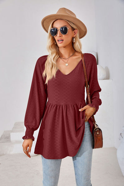Stitching V-neck Long-sleeved Loose T-shirt