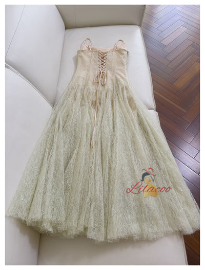 Green Lace Pleats Straps Prom Dress