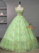 Green Tulle Embroidery Pleats Prom Dress