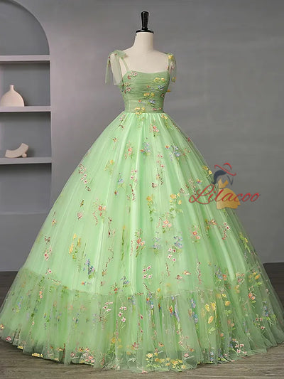 Green Tulle Embroidery Pleats Prom Dress