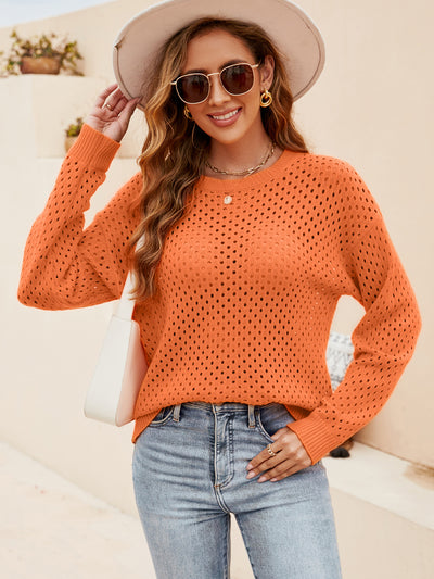 Solid Color Hollow Pullover Neck Sweater