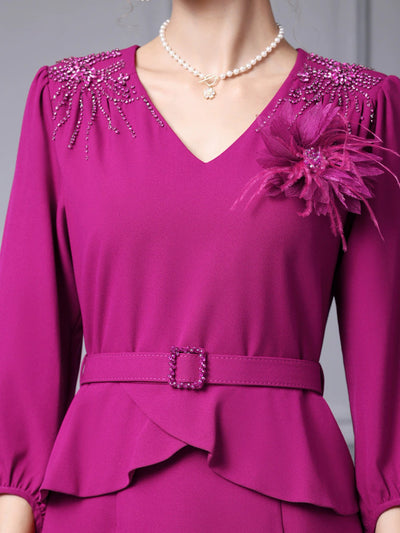 Pink V-neck Beading Flower Mother Of The Bride Dress