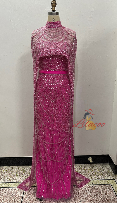 Champagne Tulle Beading Shawl Prom Dress