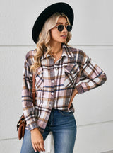 Button Lapel Loose Long Sleeve Plaid Woolen Coat