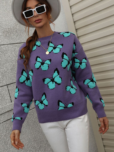 Printed Butterfly Round Neck Loose Sweater