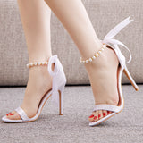 Ribbon Satin Beaded High-heeled Sandals