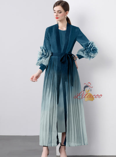 Gradual Disc Flower Lace-up Coat+Joker Straight Dress