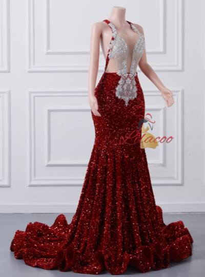 Burgundy Mermaid Sequins Backless Prom Dress