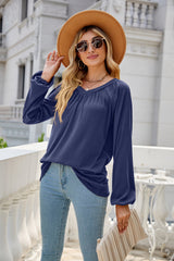 Solid Color Long Sleeve V neck Pleated T-shirt