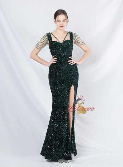 Mermaid Sequins Straps Beading Prom Dress