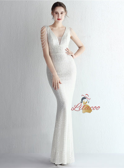 Mermaid Sequins V-neck Beading Prom Dress