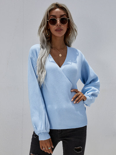 Cross V-neck Solid Color Pullover Loose Sweater