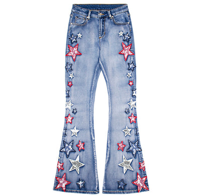 Women Flared Trousers Embroidered Jeans