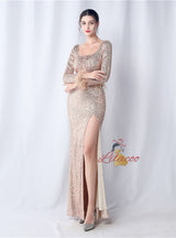 Long Sleeve Mermaid Sequins Split Prom Dress