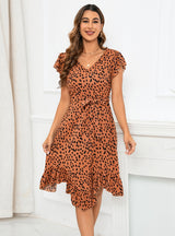Slim-fit V-neck Short Sleeve Leopard Print Irregular Dress