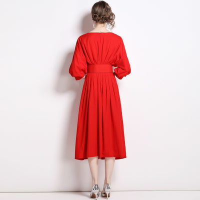 Bat Sleeve High Waist Pleated Dress with Belt