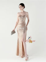 Mermaid Sequins Spaghetti Straps Pleats Beading Prom Dress