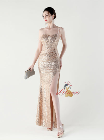 Mermaid Sequins Spaghetti Straps Pleats Beading Prom Dress