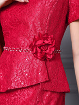 Red Lace Beading Flower Mother Of The Bride Dress