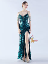 Spaghetti Straps Sequins Beading Split Prom Dress
