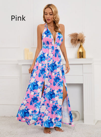 Sexy Deep V-neck Slit Printed Long Dress