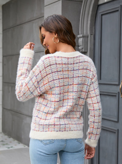 Spliced Round Neck Knitted Plush Top