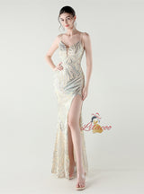 Mermaid Sequins Spaghetti Straps Split Prom Dress