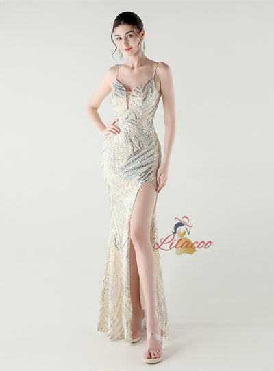 Mermaid Sequins Spaghetti Straps Split Prom Dress