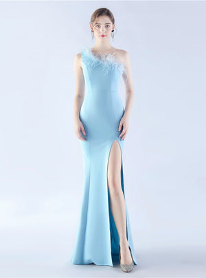 Mermaid One Shoulder Feather Split Prom Dress