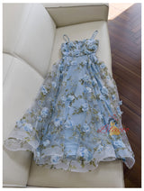 Blue Tulle Print 3D Flower Prom Dress