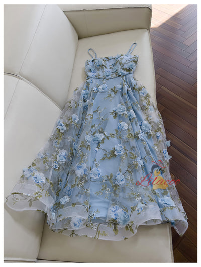 Blue Tulle Print 3D Flower Prom Dress