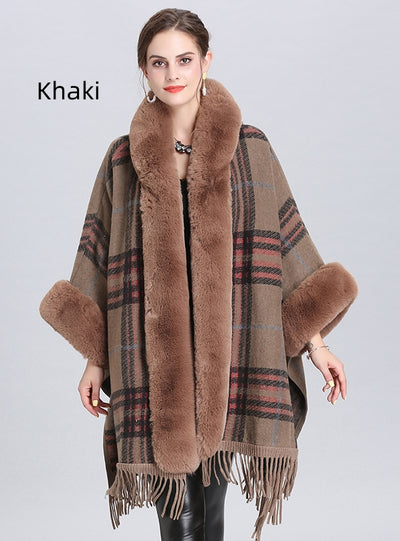 Large Size Fur Collar Plaid Fringed Cloak Shawl