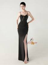 Mermaid Spaghetti Straps Appliques Split Prom Dress
