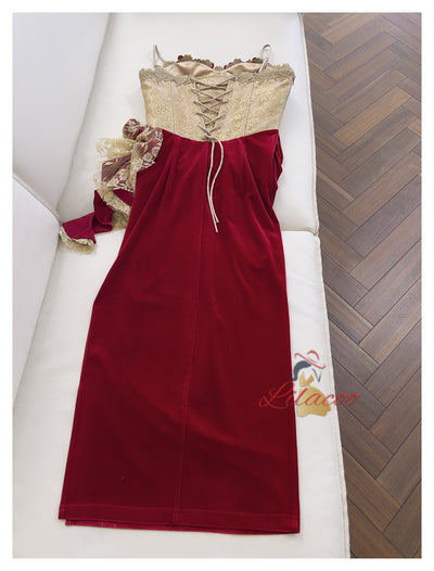 Velvet Lace Straps Pleats Prom Dress