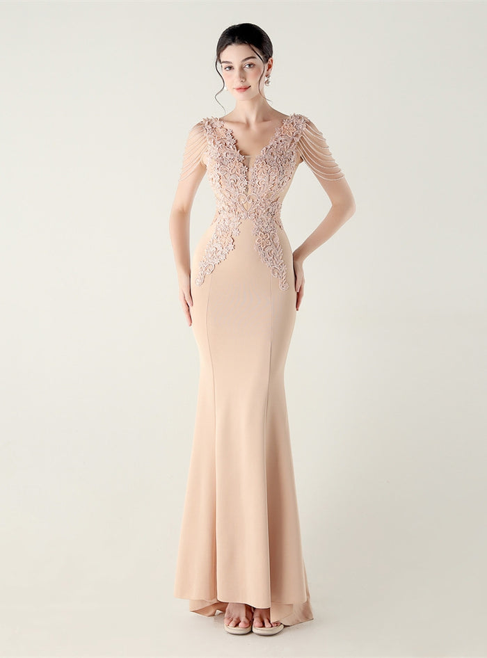 Mermaid V-neck Appliques Beading Prom Dress