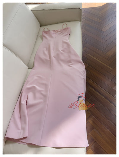 Pink Straps Pleats Prom Dress