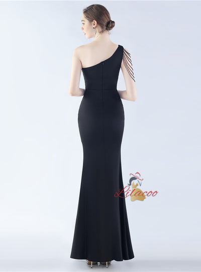 One Shoulder Split Beading Prom Dress