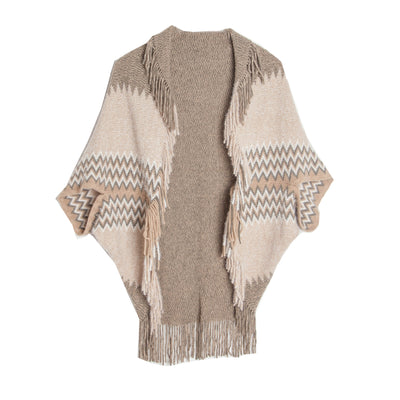 Ladies Knitted Bat Sleeve Fringed Shawl