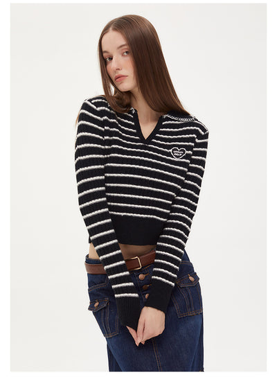 Pink Striped V-neck Lapel Top