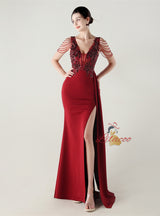 V-neck Appliques Split Beading Prom Dress