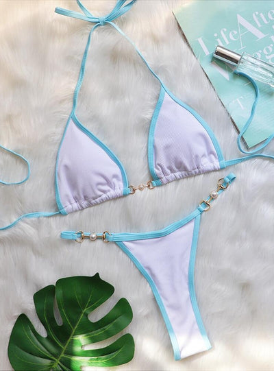 Sexy Patchwork Metal Accessories Pearl Swimsuit