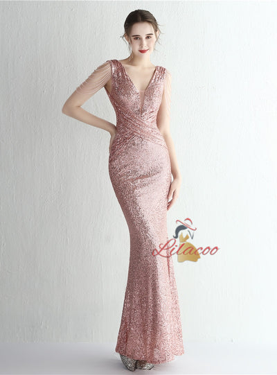 V-neck Mermaid Sequins V-neck Beading Prom Dress