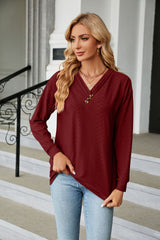 Solid Color V-neck Button Loose Long Sleeve T-shirt