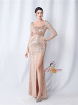 Long Sleeve Sequins Split Prom Dress