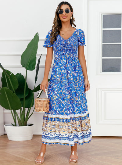 V-neck Puff Sleeves Drawstring Dress