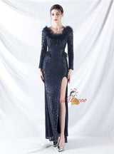 Long Sleeve Mermaid Sequins Split Prom Dress