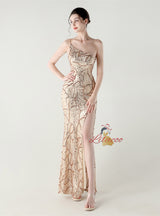 Mermaid Sequins One Shoulder Split Beading Prom Dress