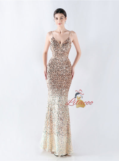 Spaghetti Straps Mermaid Sequins Prom Dress