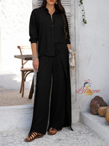 Casual Solid Color Shirt Wide-leg Trousers Suit