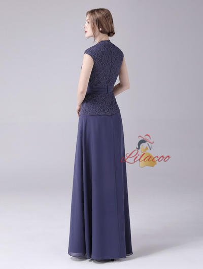 Navy Blue Chiffon Lace Mother Of The Bride Dress